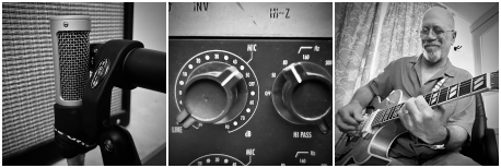 session studio avec Tomcat Blake. Photo d'un micro à ruban Royer, d'un préamplificateur Neve et du guitariste Tomcat Blake